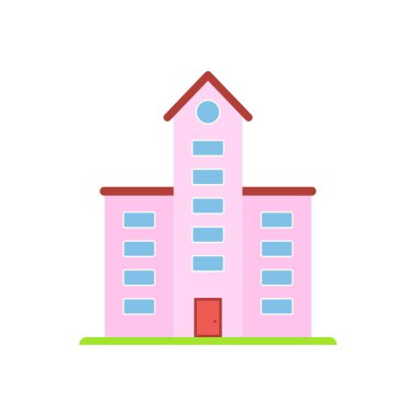 Pink building with red rooftop. Modern house or real estate symbol in flat style. Hotel or school building. Private property sign. Vector isolated on white
