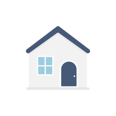 Home flat icon. Cute house with blue roof. Private property sign. Vector isolated on white