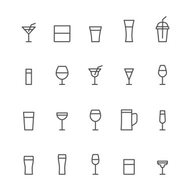 Drink icons line set. Glass outline group. Glassware linear collection. Coffee, vodka, beer, champagne, wine, cognac, whiskey, martini and different cocktails beverages. Vector isolated on white