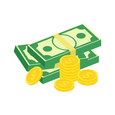 Isometric dolar demetleri ve altın desteler seti. Ekonomi, finans, para kavramı. Zenginlik ve yatırım sembolü. Vektör illüstrasyonu beyazda izole edildi