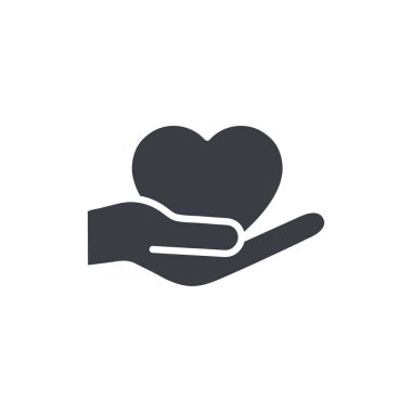 El ikonlu kalp. Siyah siluet sembolüne yardım ve destek. Gönüllü tabela çizimi. Beyaz arkaplanda izole edilmiş vektör