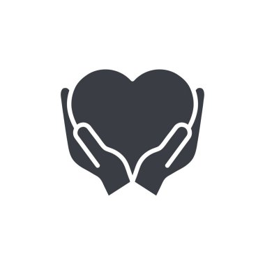 El ikonlu kalp. Siyah siluet sembolüne yardım ve destek. Gönüllü tabela çizimi. Beyaz arkaplanda izole edilmiş vektör