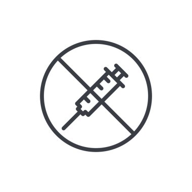 Şırınga yasaklama ikonu. Uyuşturucu sembolü yok. Aşı yasak. İğne izi yok. Vektör beyazda izole edildi