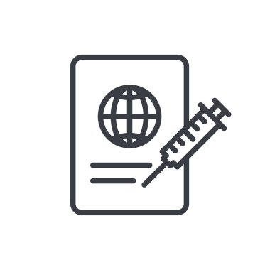 Aşı pasaport çizgisi simgesi. Zaman salgınında seyahat etmek için kullanılan şırınga ana hatlı belge. Vektör beyazda izole edildi