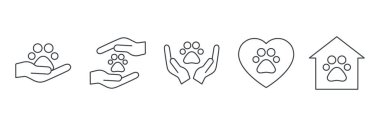 Pençe izi ve insanların el çizgisi simgesi seti. Veteriner çizgisi klinik işareti. Hayvan hakları kavramı. Hayırseverlik ve gönüllü siyah semboller koleksiyonu. Vektör beyazda izole edildi.