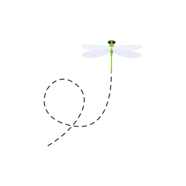 点線のルートでかわいいトンボ 緑のトンボの糞 白地に独立したベクトル図 — ストックベクタ