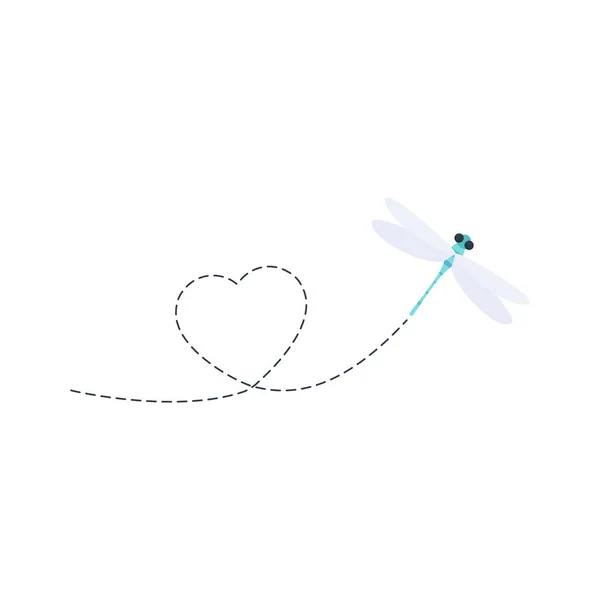 Χαριτωμένη Λιβελούλα Διακεκομμένη Γραμμή Μπλε Λιβελούλα Που Πετάει Σχήμα Καρδιάς — Διανυσματικό Αρχείο