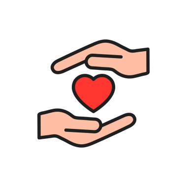  El ikonlu kalp. Yardım ve destek sembolü. Gönüllü işareti. Vektör beyazda izole edildi