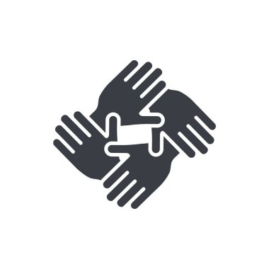 Eller bir arada siyah ikon. Arkadaşlık sembolü. İş birliği piktogram silueti. Takım çalışması işareti. Vektör illüstrasyonu beyaz arkaplanda izole edildi.