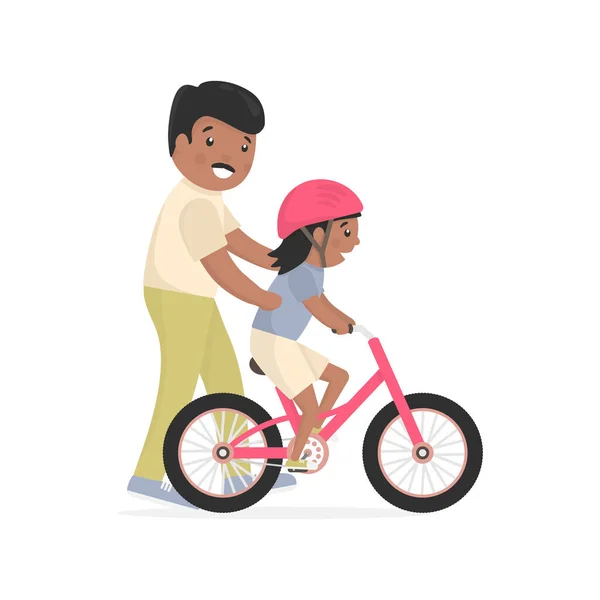 Father Teaching Daughter Ride Bike Caring African Dad Help His — Image vectorielle