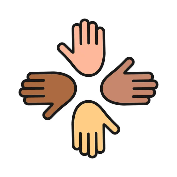 Hands Together Different Skin Color Multinational Teamwork Concept Friendship Symbol — Stock Vector