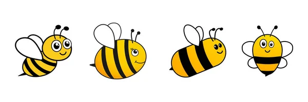 Bee Cartoon Flying Character Set Happy Cute Bees Big Eyes — ストックベクタ