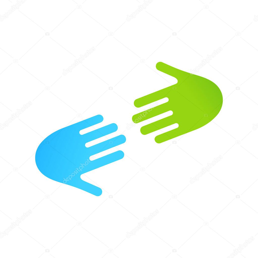 Two arms. Hands symbolizing team or teamwork. Flat blue and green illustration for business, inclusion and medicine. Assistance, hope and help concept. Vector illustration isolated on white