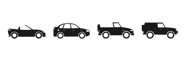 Araba Ikonu Ayarlandı Siyah Otomobil Silueti Otomatik Sembol Koleksiyonu Ulaşım — Stok Vektör
