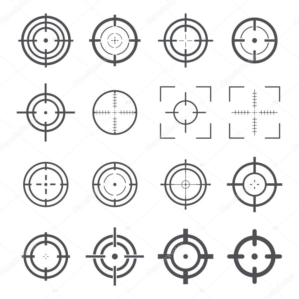 Target destination icon set. Aim sniper shoot group. Focus cursor bull eye mark collection. Vector isolated on white