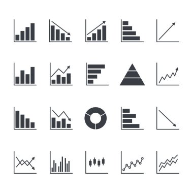 İstatistik ve diyagram bilgi elemanları. Grafikler ve çizelgeler siyah simgeler seti ile ilgili. Büyük veri konsepti. İş analizi sembolü. Vektör illüstrasyonu beyazda izole edildi