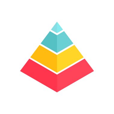 Dört renkli grafikle piramit şeklinde. Sunum ve raporlar için veri segmentleriyle birlikte iş bilgileri izometrik şablonu. Vektör illüstrasyonu beyazda izole edildi