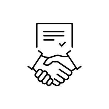 İş tokalaşma takım çalışması doğrusal konsepti. Kontrat çizgisi simgesi. Finansal anlaşma resmi. Anlaşma imzalama sembolü. Vektör beyazda izole edildi.