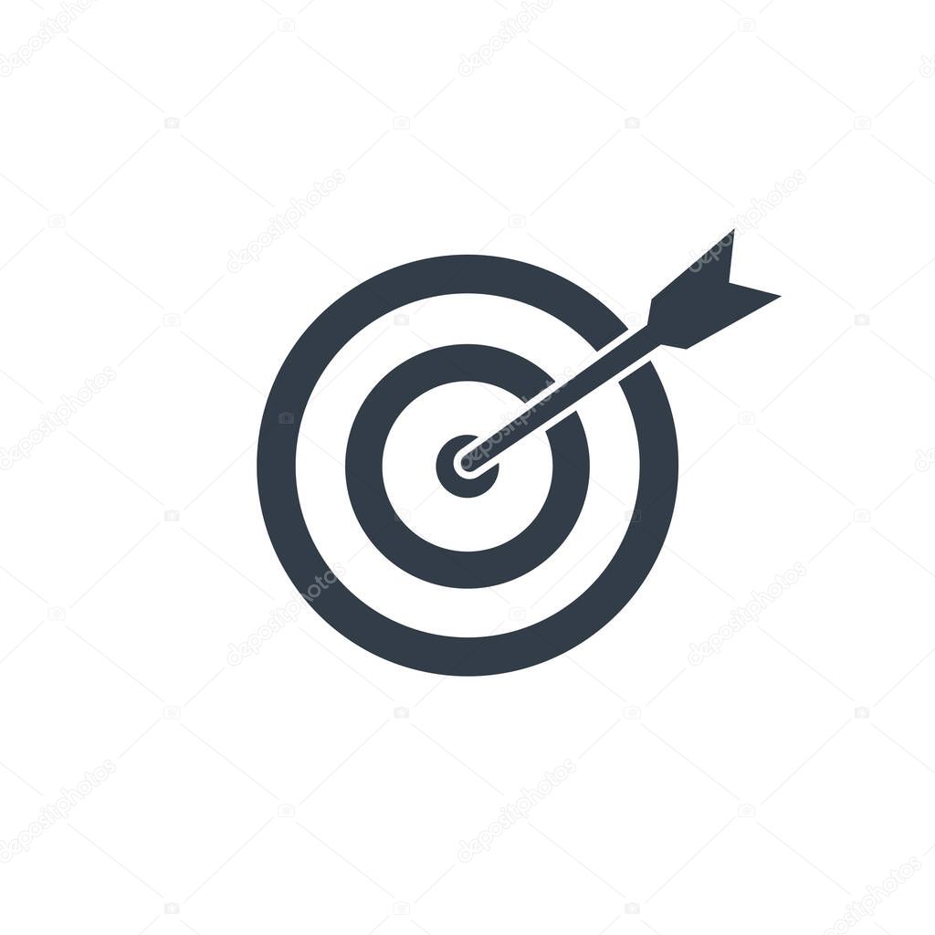 Target with arrow black icon. Goal line symbol. Successful shoot. Business aim pictogram. Darts element. Vector illustration isolated on white