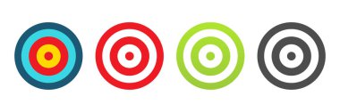 Okçuluk hedef renk simgesi seti. Hedef sembolleri koleksiyonu. Dart oyunu unsurları. Pazarlama ya da iş amaçlı. Vektör illüstrasyonu beyazda izole edildi