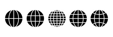 Küre simgeleri ayarlandı. İnternet küresel piktogramlar siyah siluetler. Anasayfa işareti. Dünya çapında web ana hatları sembolleri koleksiyonu. Vektör illüstrasyonu beyazda izole edildi