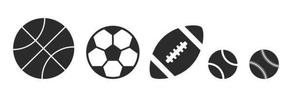 Satz Kugeln Schwarze Symbole Basketball Fußball Rugby Tennis Und Baseballbälle — Stockvektor