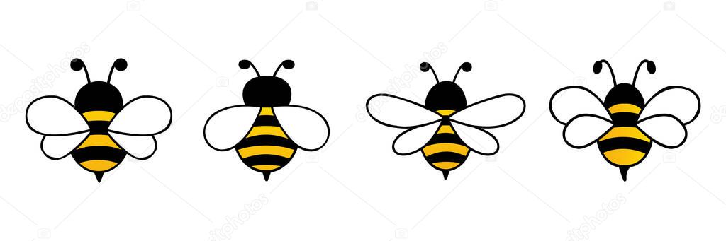 Bees flying character set. Happy cute bees collection. Flat style. Vector isolated on white