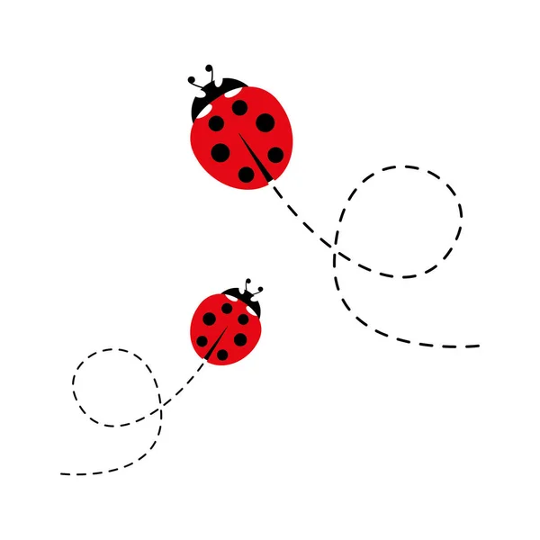 Cartoon Lieveheersbeestje Icoon Ladybug Vliegt Stippelroute Vector Geïsoleerd Witte Achtergrond — Stockvector
