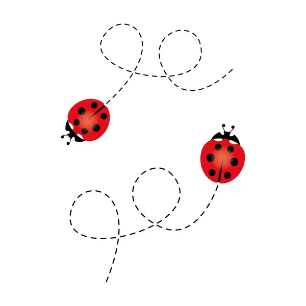 Cartoon Lieveheersbeestje Icoon Ladybug Vliegt Stippelroute Vector Geïsoleerd Witte Achtergrond — Stockvector