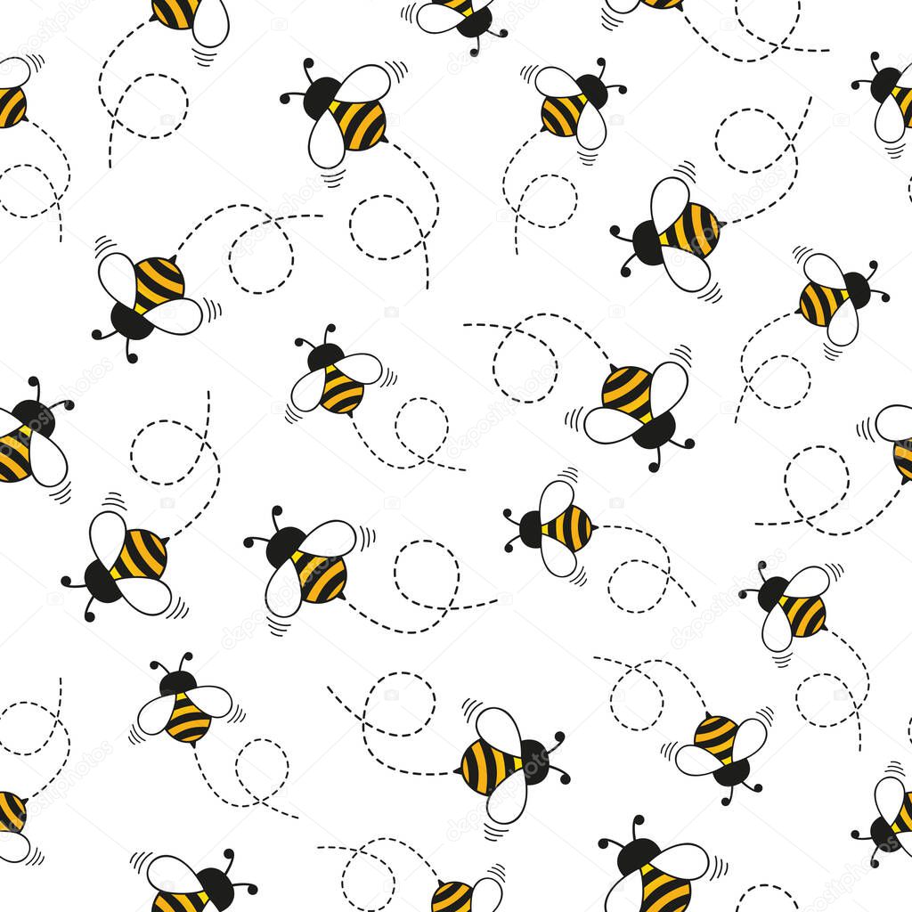 Bee seamless pattern. Honey bees flying on white background. Bumblebee insect vector illustration