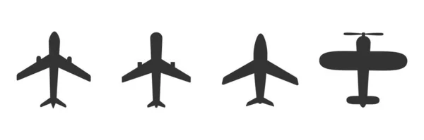 Uçak Ikonu Ayarlandı Siyah Uçak Silueti Koleksiyonu Seyahat Sembolü Vektör — Stok Vektör