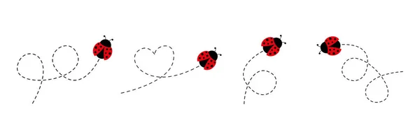 Mignon Ensemble Icône Coccinelle Coccinelles Volant Sur Route Pointillée Dessin — Image vectorielle