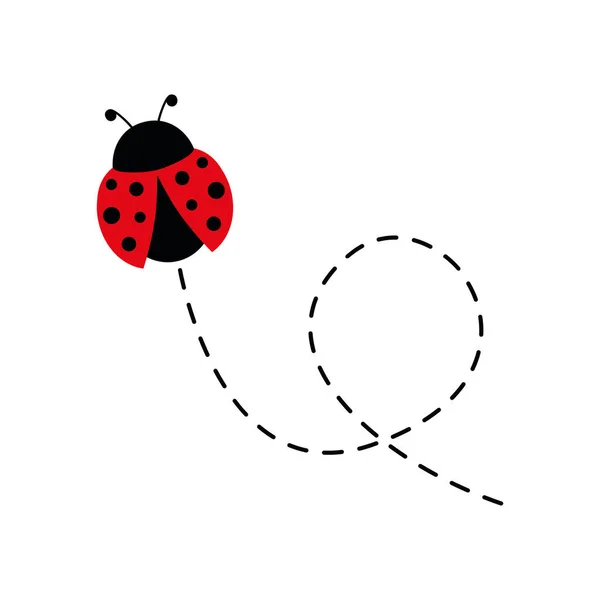 Lieveheersbeestje Ladybug Vliegt Stippelroute Vector Geïsoleerd Witte Achtergrond — Stockvector