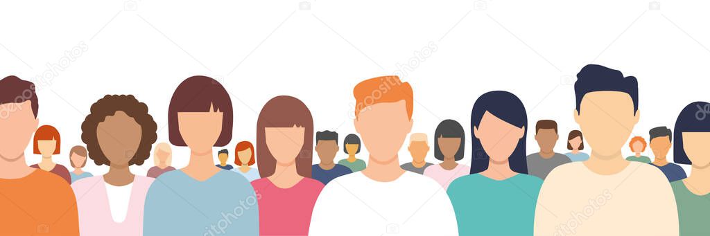 Multicultural businessman and businesswoman crowd. Diverse people group. Flat multinational people characters standing together. Human diversity portrait banner concept. Vector illustration isolated