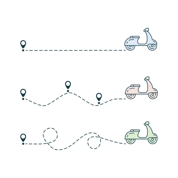 線の始点アイコンセットでモードします カラフルなスクーターやルートグループ 旅行先のシンボル 白に隔離されたベクトル — ストックベクタ