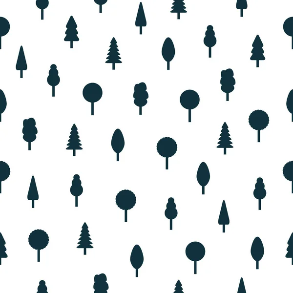 无缝树图案 森林概念黑色轮廓 可爱的自然白色背景与不同的树 在白色上隔离的病媒 — 图库矢量图片