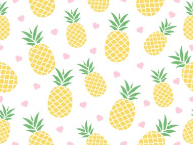 Küçük kalpleri olan kusursuz ananas desenli. Vektör şirin illüstrasyon.