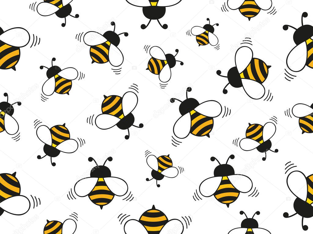 Seamless pattern with flying bees. Cartoon cute bees. Vector illustration isolated on white.