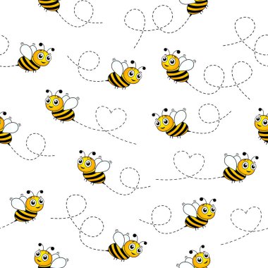 Kusursuz şirin arı deseni. Noktalı bir yolda uçan bal arıları. Mutlu yaban arısı böcek vektör çizimi.