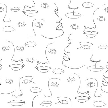 Kusursuz desenli çizgiler kadınların yüzlerini çiziyor. Soyut güzellik kızları geçmişin başıdır. Dişi sürekli çizgi çizgisel konsepti tasvir eder. Vektör illüstrasyonu