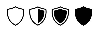 Kalkan simgesi ayarlandı. Kalkan sembolleri. Siyah piktogramları koruyun. Güvenlik ve koruyucu imza koleksiyonu. Şablon düz çizim. Vektör beyazda izole edildi