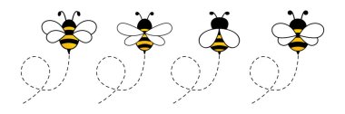 Şirin arı ikonu seti. Noktalı bir güzergah üzerinde uçan arılar. Beyaz arka planda izole edilmiş. Çizgi film vektör illüstrasyonu.