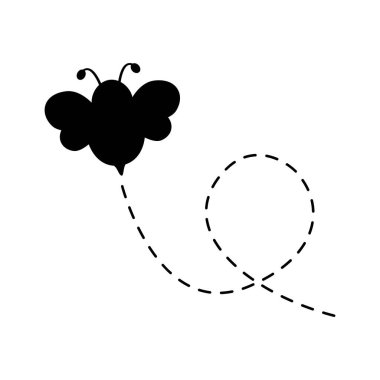 Arı simgesi. Noktalı bir rotada uçan siyah arı silueti. Beyaz arkaplanda izole edilmiş vektör illüstrasyonu.