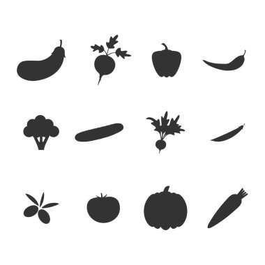 Sebze ikonu seti. Sağlıklı gıda elemanları koleksiyonu. Siyah siluetler sebze grubu. Vektör beyazda izole edildi