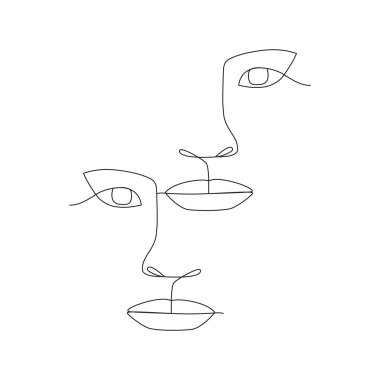 Devamlı çizen bir kadın yüz çiziyor. Minimalizm sanatı. Kadın hatları doğrusal portre. Vektör illüstrasyonu beyaz arkaplanda izole edildi