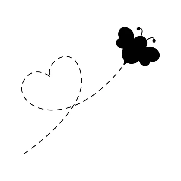 Cute Bee Black Silhouette Flying Icon Heart Dotted Line Path — Stock Vector