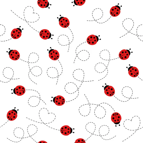Leuke Lieveheersbeestje Icoon Ingesteld Naadloos Patroon Ladybugs Vliegen Stippelroute Cartoon — Stockvector