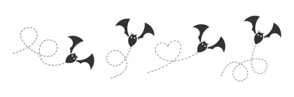Morcegos Numa Linha Pontilhada Bat Coleção Silhueta Preta Vetor Isolado — Vetor de Stock