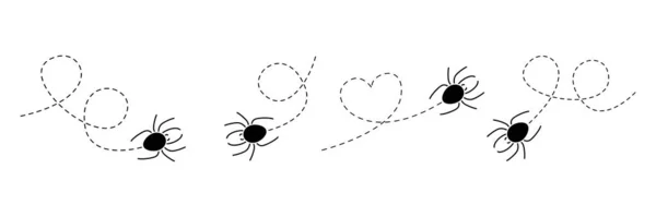Hämähäkki Katkoviivalla Hämähäkit Musta Siluetti Kokoelma Vektori Eristetty Valkoisella — vektorikuva