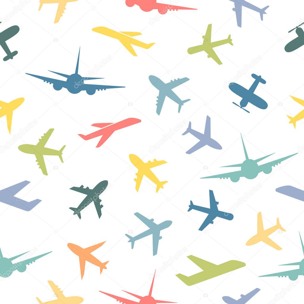 PrintSeamless pattern with airplanes. Air cute transportation concept. Cartoon colorful planes collection. Kids illustration isolated.